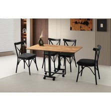 Viento Mobilya Lizbon Diş Budak Desen Katlanır Kanatlı 130X70 Masa 4 Adet Babyface Metal Çapraz Sandalye Masa Takımı