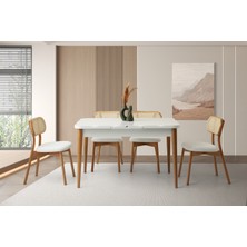 Viento Mobilya Kelebek Kütük Kar Beyaz Highgloss Açılır 130X80 Masa 4 Adet Bukle Kumaş Ahşap Paris Sandalye 1 Adet Deco Bench Masa Takımı