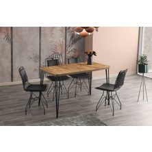 Viento Mobilya Aras Diş Budak Desen Sabit 120X70 Masa 4 Adet Siyah Suni Deri Metal Sırtlı Tel Sandalye Masa Takımı