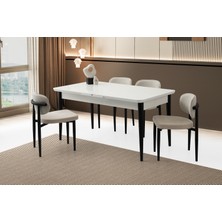 Viento Mobilya Kelebek Tekno Kar Beyaz Highgloss Açılır 160X90 Masa 4 Adet Bukle Kumaş Metal Siesta Sandalye Masa Takımı
