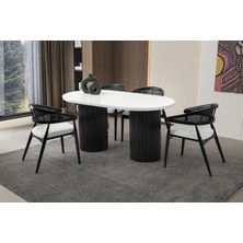 Viento Mobilya Orkide Kar Beyaz Highgloss Sabit 160X90 Masa 6 Adet Bukle Kumaş Ahşap Gazel Sandalye Masa Takımı