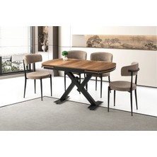 Viento Mobilya Still Diş Budak Desen Yanlardan Açılır 130X80 Masa 4 Adet Bukle Kumaş Metal Gözde Sandalye Masa Takımı