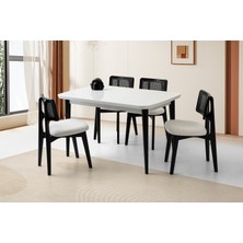 Viento Mobilya Rüya Beyaz Renk Sabit 130X80 Masa 4 Adet Bukle Kumaş Ahşap Kuzey Sandalye Masa Takımı