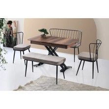 Viento Mobilya Milano Barok Ceviz Desen Açılır 120X70 Masa 6 Kişilik Babyface Güneş Bench Takımı Masa Takımı