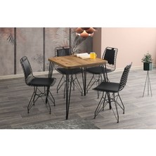 Viento Mobilya Aras Diş Budak Desen Sabit 70X70 Masa 4 Adet Siyah Suni Deri Metal Sırtlı Tel Sandalye Masa Takımı