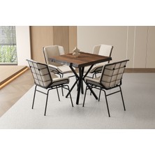 Viento Mobilya Kütük Barok Ceviz Desen Mdf Sabit 80X80 Masa 4 Adet Bukle Kumaş Metal Yonca Sandalye Masa Takımı