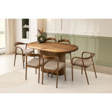 Viento Mobilya Doğal Ahşap Ceviz Sabit 160X85 Masa 6 Adet Babyface Kumaş Ceviz Yılan Sandalye Masa Takımı