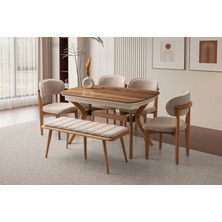 Viento Mobilya Çınar Açılır Ahşap Ayak 130X80 Masa 6 Kişilik Bukle Kumaş Ahşap Nergis Sandalye Bench Masa Takımı