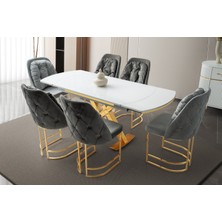 Viento Mobilya Still Beyaz Renk Açılır 130X80 Masa 6 Adet Babyface Kumaş Neşe Gold Iskelet Sandalye Masa Takımı