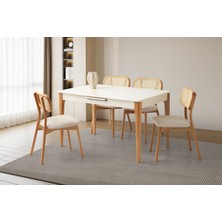 Viento Mobilya Zarif Aytaşı Desen Açılır 130X80 Masa 4 Adet Pufy Kumaş Naturel Ahşap Paris Sandalye Masa Takımı