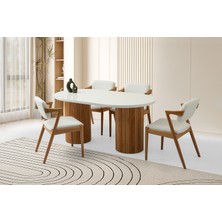 Viento Mobilya Orkide Kar Beyaz Highgloss Sabit 160X90 Masa 8 Adet Bukle Kumaş Ahşap Rody Sandalye Masa Takımı