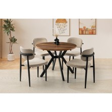 Viento Mobilya Hilton Barok Ceviz Desen Açılır 100X100 Masa 4 Adet Bukle Kumaş Metal Siesta Sandalye Masa Takımı