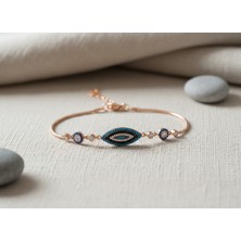 Arvenia Silver Nazar Motifli Turkuaz Taşlı Asansörlü Rose Gold Kaplama Kadın 925 Ayar Gümüş Bileklik