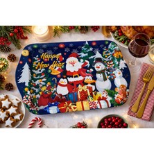 Atagift Hediyelik Yılbaşı Temalı Lacivert Metal Tepsi – Happy New Year Desenli Çay & Kahve Sunum Tepsisi Küçük BOY25 X16 cm