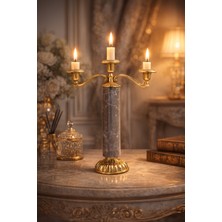 Montdekor El Yapımı Mermer Taşlı Bronz Şamdan (40 cm yükseklik)