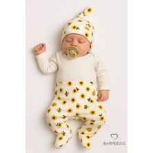 Babyden's Arı ve Çiçek Desenli 3’lü Yenidoğan Set Uzun Kollu Çıtçıtlı Body,patikli Pantolon, Bere %100 Pamuklu