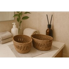 Efuliz Home Jüt Hasır Desenli 2'li Oval Sepet,düzenleyici-Organizer-Banyo-Saklama Sepeti,ekmek-Çeyizlik Sepet