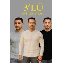 Fresco Scarfs Erkek Fitilli Triko Kazak 3lü Set Bej Gri Siyah Regular Fit Bisiklet Yaka Triko Seti Kazak Modeli