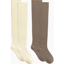 Cotenconcept 2 Çift Basic Lastikli Kalın Pamuk Karışımlı Diz Üstü Çorap