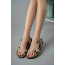 Sermoda Kadın Sandalet - Çift Toka Çapraz Bant Parmak Arası Kadın Sandalet Krem