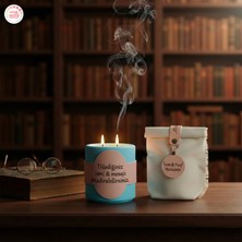 Yeni Ev Için Modern Hediye, Isim ve Dilek Yazılabilen Çift Alevli Beton Görünümlü Mum, Mavi