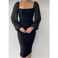 Prenses Kollu Romantik Siyah Kalem Elbise