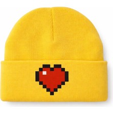 Middles & Niddles Collection Pixel Kalp Baskılı Beyaz Bere – Unisex Teenage Günlük Kışlık Triko Bere