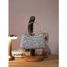 Alvora Gümüş Yoğun Taş Işlemeli Halkalı Saplı Kadın Abiye Gece Çantası