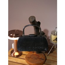 Alvora Siyah Simli Dokulu Metal Saplı Kadın Abiye Gece Çantası