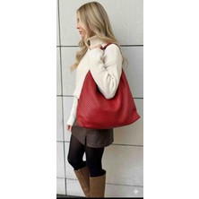 Themoiss Salaş Örgü Desenli Büyük Boy Kırmızı Omuz Cantasi