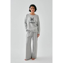Moda Şahsenem Moda Kadın Gri Balık Burcu Oversize 2 Iplik Eşofman Ev Giyim Takımı