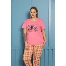 Moda Şahsenem Moda Kadın %100 Pamuk Kısa Kol Büyük Beden Pijama Takım Pembe