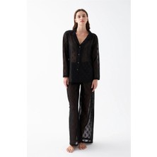 Moda Şahsenem Moda Kadın Siyah Şeffaf Jakar Düğmeli Pijama Takımı