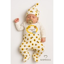 Babyden's Anneannesinin Balı Yazılı 3lü Yenidoğan Takımı Arı Desenli Patikli Alt,bere,çıtçıtlı Uzun Kollu Body