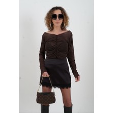 Zelish My Sister Kahve Önü Büzgülü Simli Tül Bluz