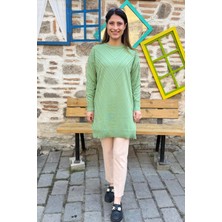 V Desenli Oversize Triko Tunik - Fıstık Yeşili