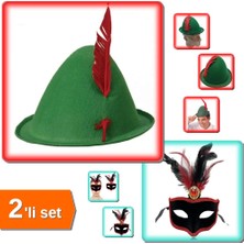 Hereveoyuncak Yeşil Renk Kırmızı Tüylü Peter Pan Şapkası + Siyah Süet Kaplama Kırmızı Tüylü Parti Maskesi -2li Set