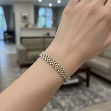 Mare Accessories Çift Renkli Kalın Hasır Gold Detaylı Çelik Bileklik