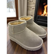 Ellaboni Kız Çocuk Krem Kalın Poli Taban Içi Kürklü Süet Görünümlü Mini Bot