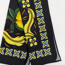 Mare Accessories Siyah Sarı Limon ve Barok Desenli Ipek Etkili Fular (50X50 Cm)