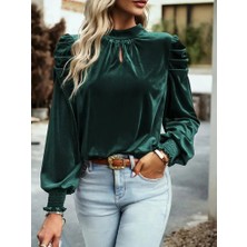 Nidam Butik Kadın Uzun Kollu Balıkçı Yaka Damla Detaylı Kadife Bluz