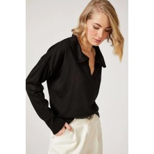 Gökyüzü Moda Kadın Beyaz Uzun Kollu Yakalı Triko Bluz