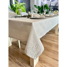 Decamor Home Keten Dokulu Gümüş Simli Köşe Fransız Dantelli Beyaz Masa Örtüsü(Peçete Dahil Değil)