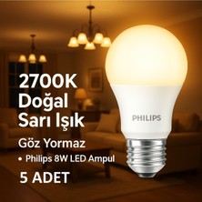 Philips 5’li 8W LED Ampul • E27 • 2700K Sarı Işık • Tasarruflu Aydınlatma Seti