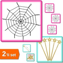 Hereveoyuncak Halloween Cadılar Bayramı Örümcek Ağ Dekor Siyah + 1 Adet Altın Renk Yıldız Peri Asası - 2li Set T3L