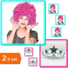 Hereveoyuncak Fuşya Renk Kıvırcık Afro Bonus Peruk + Çocuk Boy Yıldız Şekilli Prenses Tacı - 2li Set V0S7V7