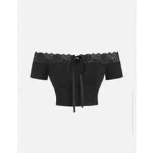 İsra Ayyıldız Moonstar Collection Coquette Lolita Madonna Yaka Kısa Kollu Dantelli Kurdeleli Gotic Bluz