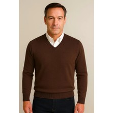 BURSPA Kışlık V Yaka Ince Yün Kahverengi Baba Kazak