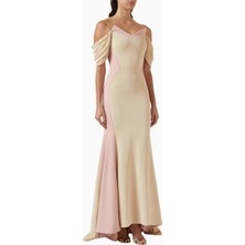 Ac By Aanchal Chanda Off-Shoulder Two-Tone Ekru Omuz Dekolteli Maxi Kadın Elbise