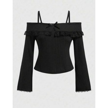 İsra Ayyıldız Moonstar Collection Coquette Lolita Madonna Yaka Askılı Dantelli Kurdeleli Tam Boy Siyah Gotic Bluz